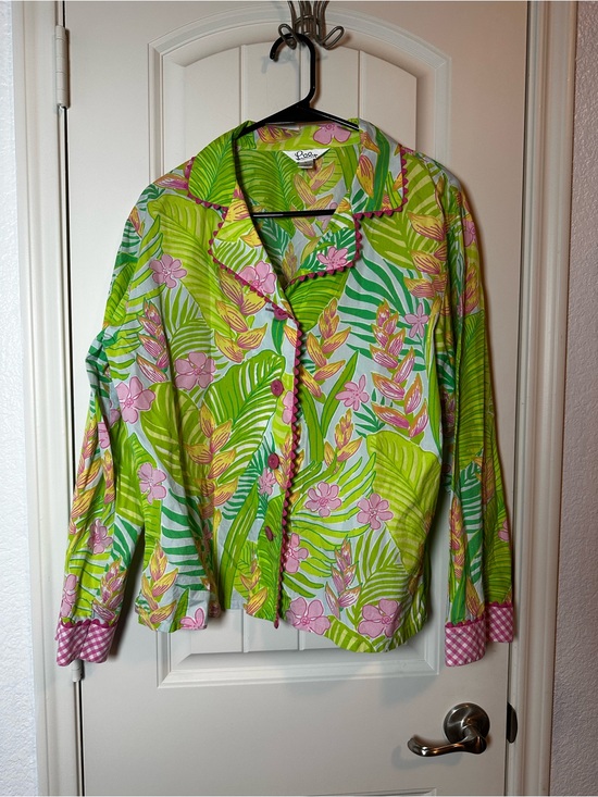 Lilly Pulitzer Tops - Lilly Pulitzer Green Tropical Floral Gingham Button-Front Women's Top size L